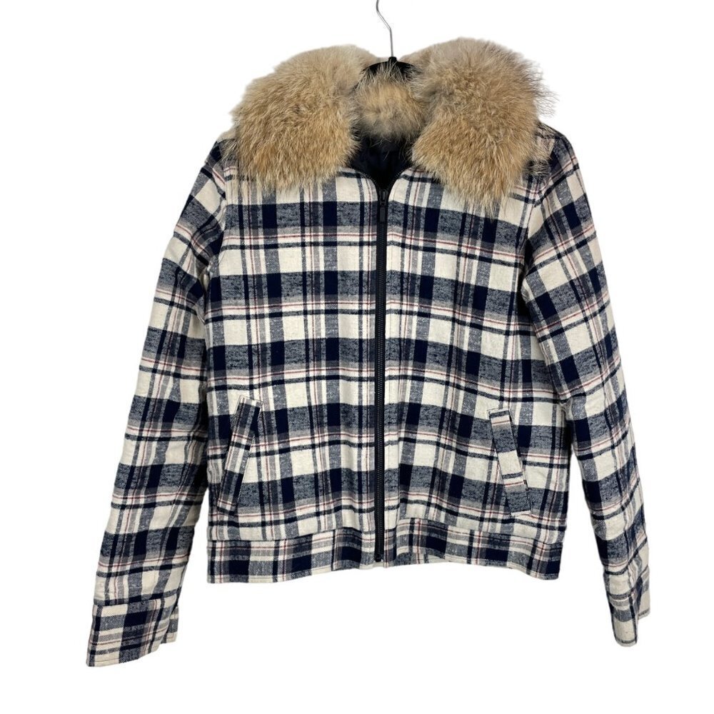 Jenni Kayne Flannel Checked Coyote Fur Collar Full Zip Jacket Navy Ivory M - Picture 3 of 12